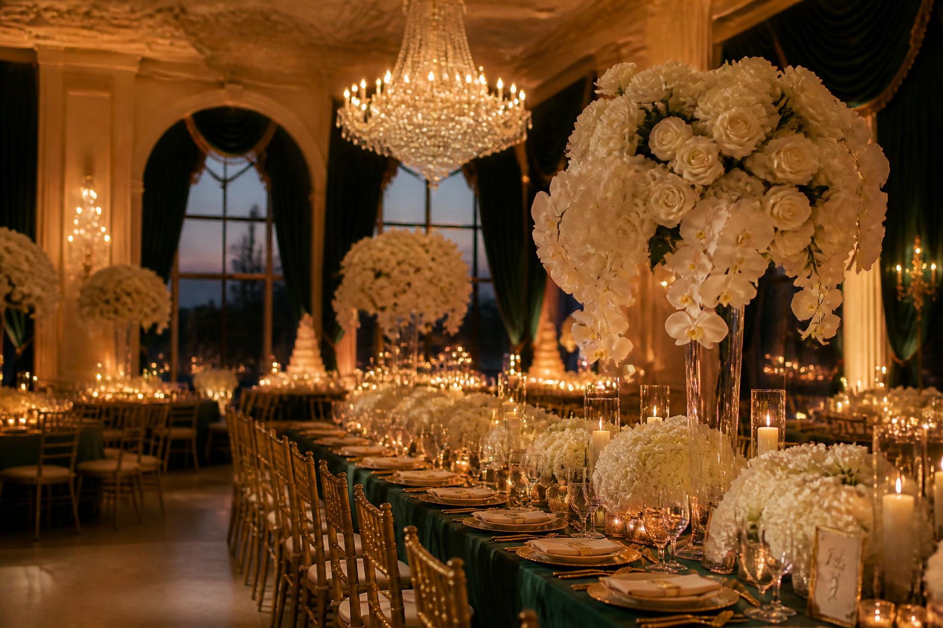 Candlelit wedding reception ballroom with chandeliers and white florals